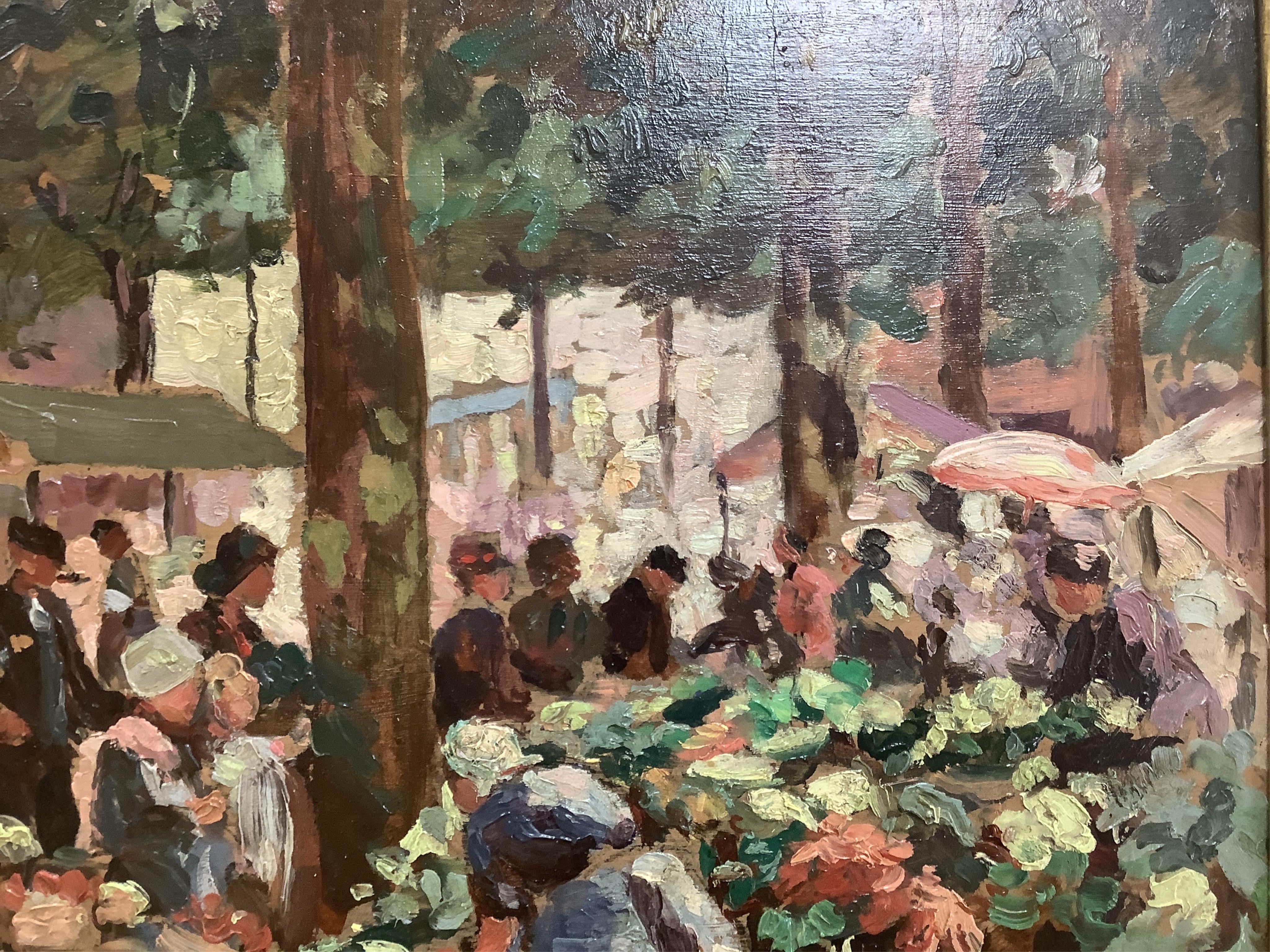 French impressionist, oil on board, Market sellers, unsigned, 31 x 33cm, ornate gilt framed. Condition - good